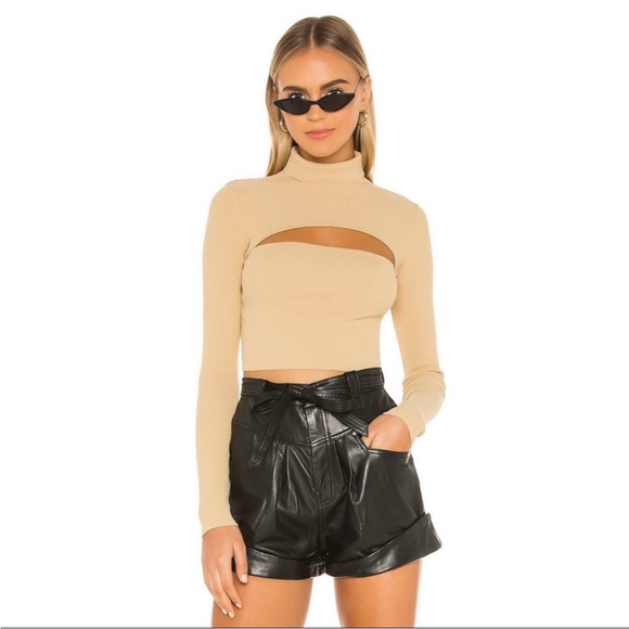 REVOLVE SUPERDOWN Beige Ribbed Knit Stretchy Bodycon Cut Out Turtleneck Sweater - Picture 16 of 17